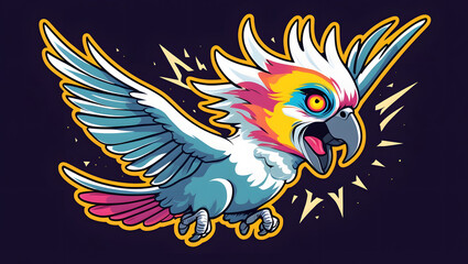 illustration of a parrot with mystical energy. Designed in a psychedelic cartoon sticker style with thick black lines,