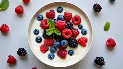 Yogurt bowl with fresh berries healthy breakfast recipe summer food photography delicious treat ideas