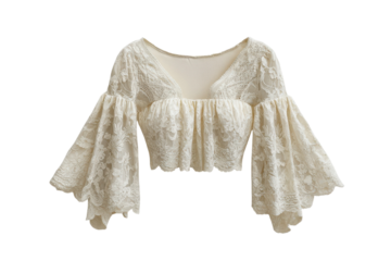 Romantic Lace Crop Top with Bell Sleeves Vintage Inspired Bohemian Fashion Apparel Ivory Cream