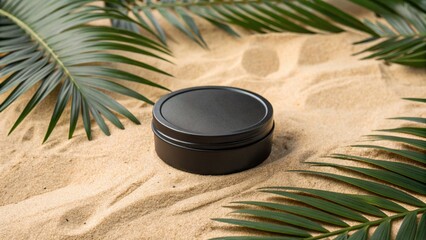 Black Round Tin Container on Sandy Beach with Palm Leaves