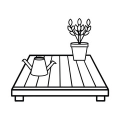 Wooden deck holding bonsai and small watering container Vector illustration