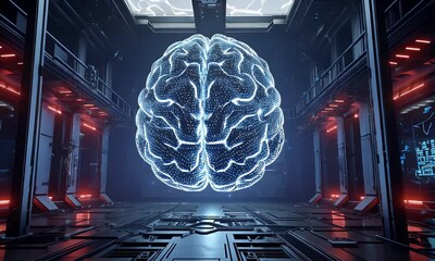 Glowing brain in futuristic corridor - Powered by Adobe