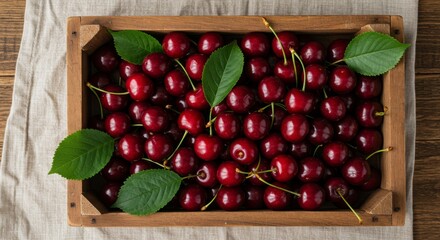 wooden crate of freshly harvested ripe red cherries, with green leaves still attached