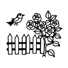 Wooden fence with climbing rose and perched bird Vector illustration
