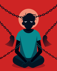 A person is shackled by chains labeled with gaslighting and emotional blackmail their thoughts and actions under constant control.. Vector illustration