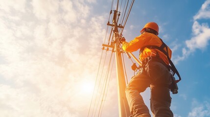 Utility worker repairs power lines against a backdrop of a bright blue sky during late afternoon
