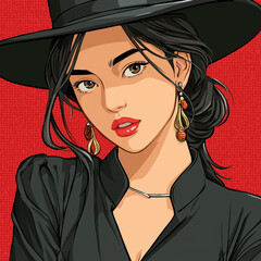 Young brunette woman confident portrait wearing black hat against red background