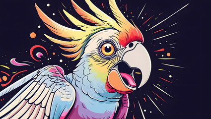 illustration of a parrot with mystical energy. Designed in a psychedelic cartoon sticker style with thick black lines,