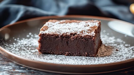 A detailed shot of a virtual brownie with a fudg texture and a dusting of powdered sugar, resting on a plate.