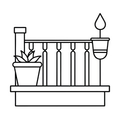 Balcony edge view with railing planters and water features Vector illustration