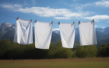 White laundry hangs on a clothesline in nature