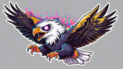 illustration of an eagle with mystical energy. Designed in a psychedelic cartoon sticker style with thick black lines,