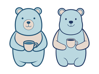 Two Cute Cartoon Bears Holding Cups – Hand-Drawn Animal Friends Illustration in Pastel Colors