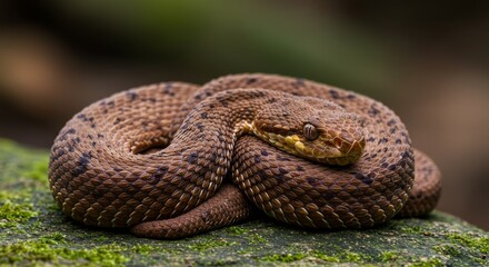 Fototapeta premium Close-Up of a Coiled Viper on Mossy Rock