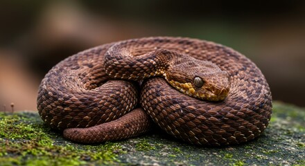 Fototapeta premium Close-Up of a Coiled Viper on Mossy Rock