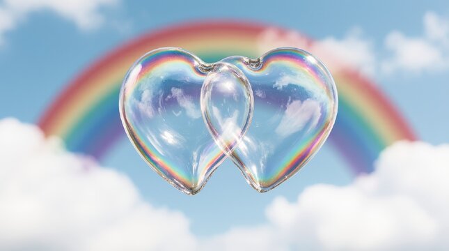Celebrating Pride Month with vibrant rainbow hearts floating in the sky, symbolizing love, diversity, and unity amidst fluffy clouds and radiant colors. AI generated.
