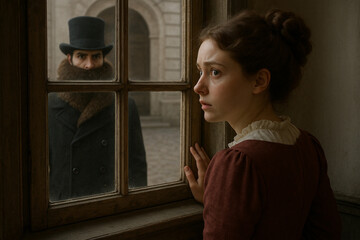 girl and stranger in top hat outside the window