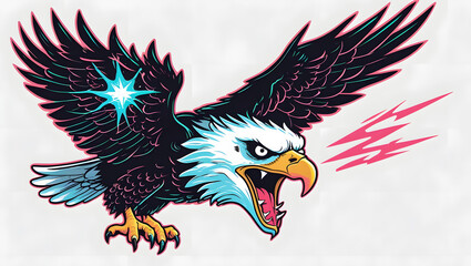 illustration of an eagle with mystical energy. Designed in a psychedelic cartoon sticker style with thick black lines,