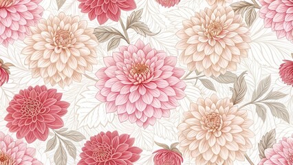 Elegant Seamless Pattern with Pink and Peach Dahlias and Delicate Leaves
