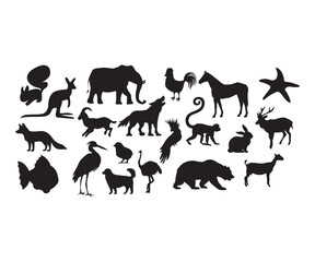 A collection of various animal silhouettes in black. Includes mammals, birds, marine life, and farm animals. Ideal for educational materials, wildlife presentations, children's books, or animal-themed