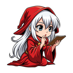 Adorable young sorceress in a red robe sitting on the floor and doing arcane research by reading a old manuscript notebook - isolated white background cartoon illustration