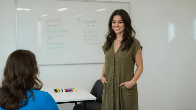 Meeting starting, host in dress stepping and talking to peer by whiteboard with blocks, copy space