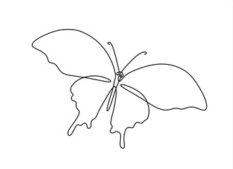 Butterfly in One continuous line drawing. Beautiful flying moth for wellbeing beauty or spa salon logo and divider concept in simple linear style. Hand drawn one line vector. Editable stroke	