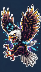 illustration of an eagle with mystical energy. Designed in a psychedelic cartoon sticker style with thick black lines,