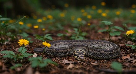 Naklejka premium A colorful snake lying peacefully among wildflowers and leaves in a forest floor scene