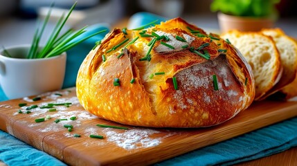 Herb crusted bread loaf on rustic wooden board in warm tones with copy space