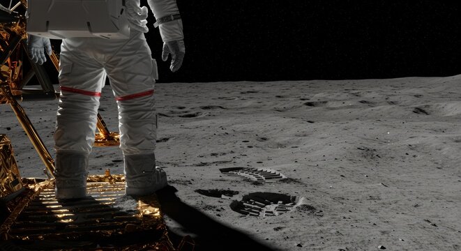 astronaut in full white EVA suit stepping off a lunar lander onto the moon’s dusty surface.