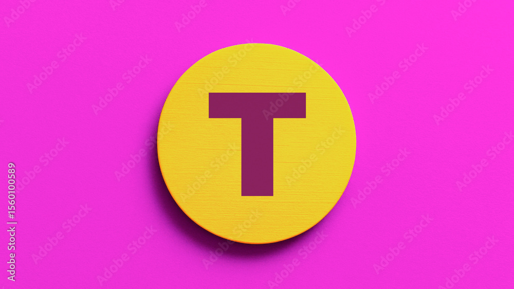Fototapete yellow wooden circle with bold uppercase letter t in the middle symbolizing alphabet signage learnin