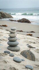 Serene Beach Scene with Stacked Stones and a Bird
