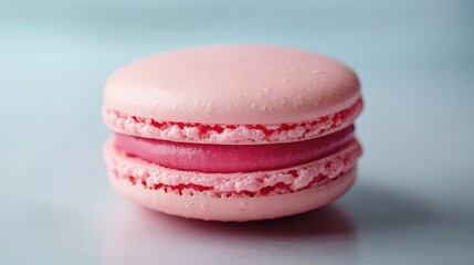 A detailed shot of a virtual raspberry macaroon with a smooth outer shell and rich filling.