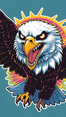 illustration of an eagle with mystical energy. Designed in a psychedelic cartoon sticker style with thick black lines,
