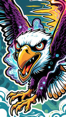 illustration of an eagle with mystical energy. Designed in a psychedelic cartoon sticker style with thick black lines,