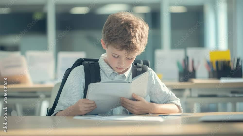 Poster elementary school student reading intently in a classroom, focusing on studying and absorbing new co