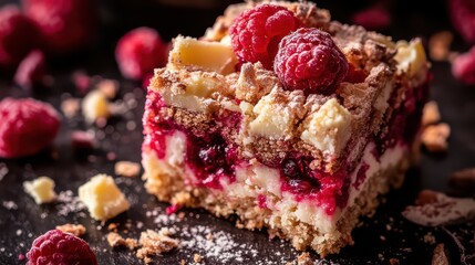 A detailed shot of a virtual white chocolate raspberry blondie with gooey texture and vibrant berry pieces.