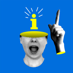 Information sign in a woman's head. Index finger raised up. FAQ, support concept. Help point. Info center. Modern collage with halftone elements