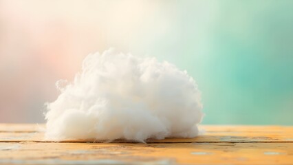 Fluffy White Cloud resting on a Wooden Platform with a Pastel Background
