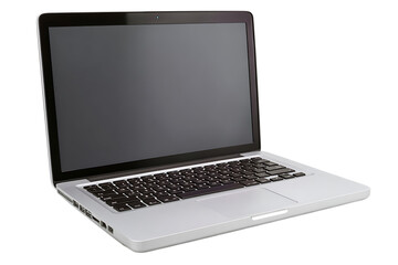 Modern silver laptop computer open with blank screen and keyboard isolated on transparent background