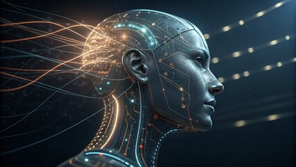 Futuristic Cyborg Woman Profile with Glowing Neural Network Connections