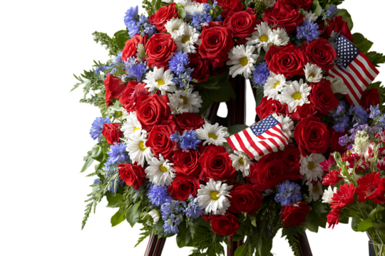 Patriotic floral wreath with red roses white daisies blue cornflowers and american flags isolated on transparent background