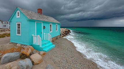 Cape Cod-inspired coastal home with spacious deck and manicured lawn, dramatic clouds above turquoise water - dream retirement retreat --chaos 100 