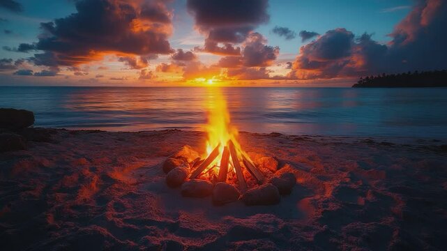 Beach Bonfire at Sunset: A mesmerizing bonfire crackles on a sandy beach, casting a warm, inviting glow against the backdrop of a vibrant sunset sky. The ocean waves gently lap the shore.