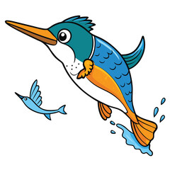 Obraz premium A vibrant kingfisher in a dynamic diving pose, aiming for fish, isolated on a clean white background, a stunning bird.