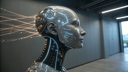 Futuristic Robot Head with Neural Network Connections