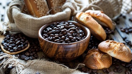 Cup of coofee beans is near wooden bowl of coffee beans and some breads