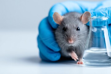 gray lab mouse, mouse near flask hand, concept for lab care