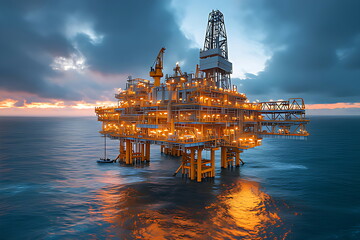 oil platform ocean with sun setting it